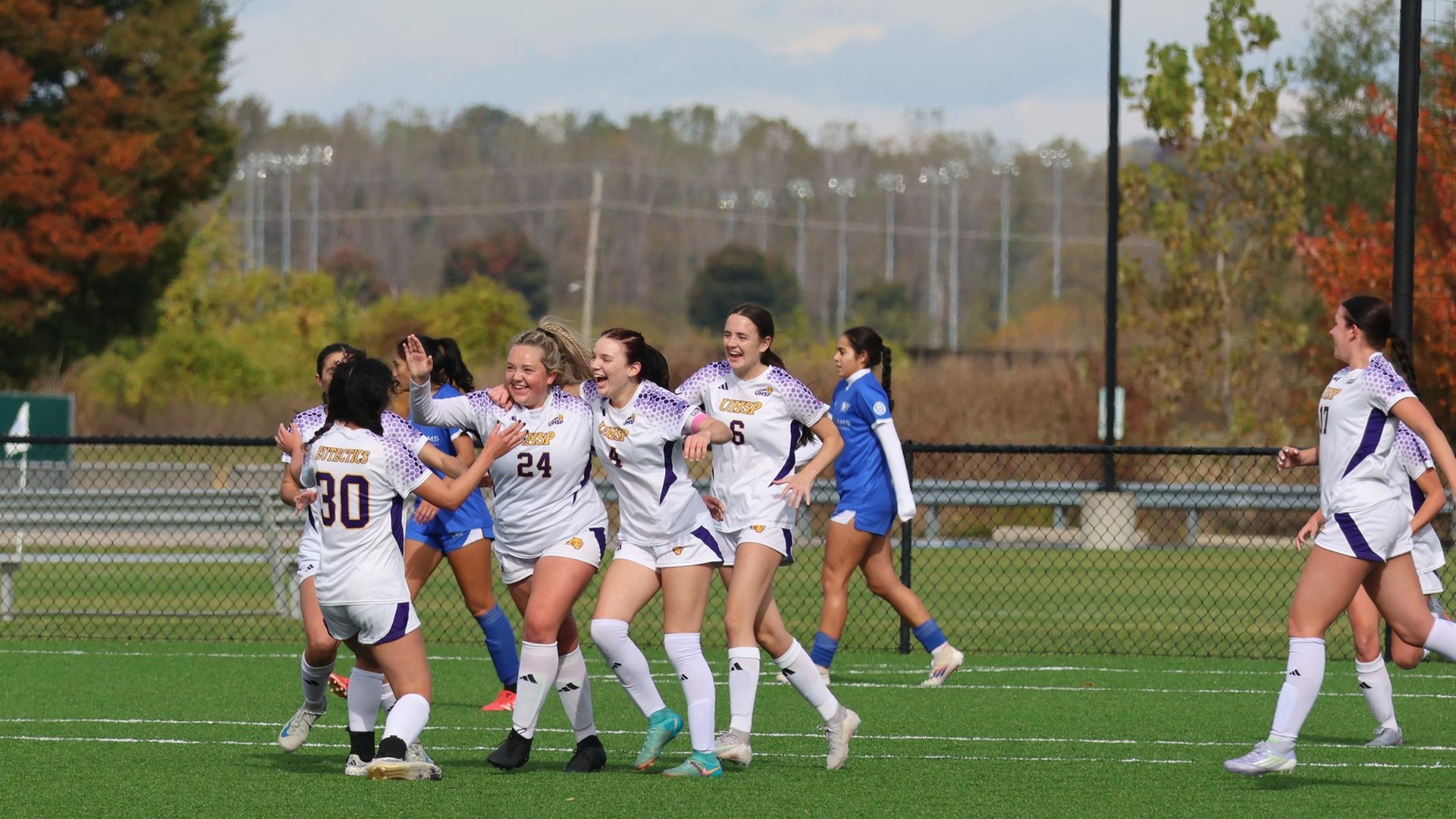 UHSP celebrates after Riley Mirth's free-kick goal. Photo by Aubrey Lasek
